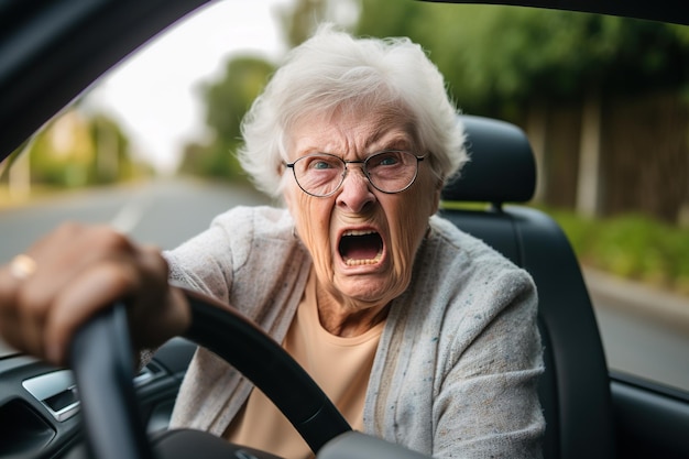 Close-up oudere vrouw wordt boos terwijl ze met haar auto in het verkeer rijdt, ze schreeuwt heel boos en twistziek