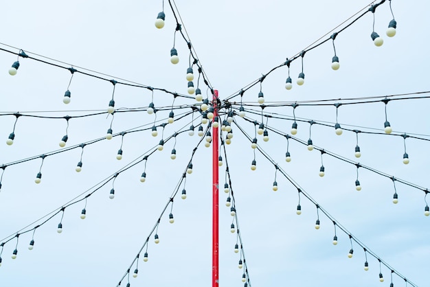 close-up outdoor lighting bulb facade with sky background