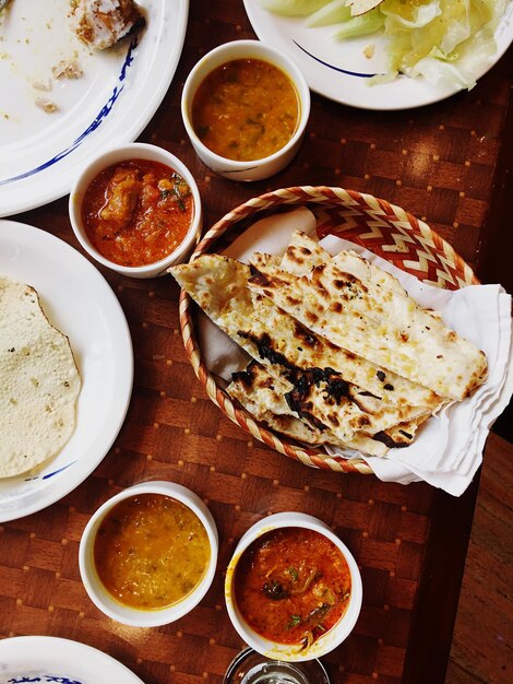 Close-up overhead view of food on table