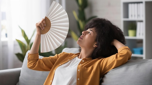 Close up overheated woman waving paper fan breathing air leaning back on couch alone suffering from