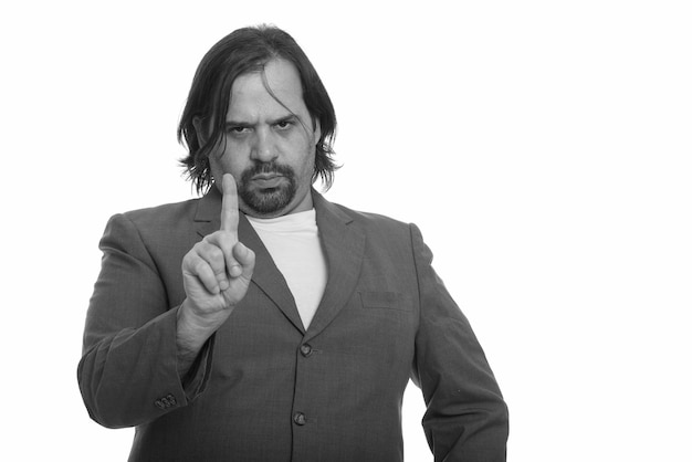 Close up of overweight bearded businessman in suit isolated