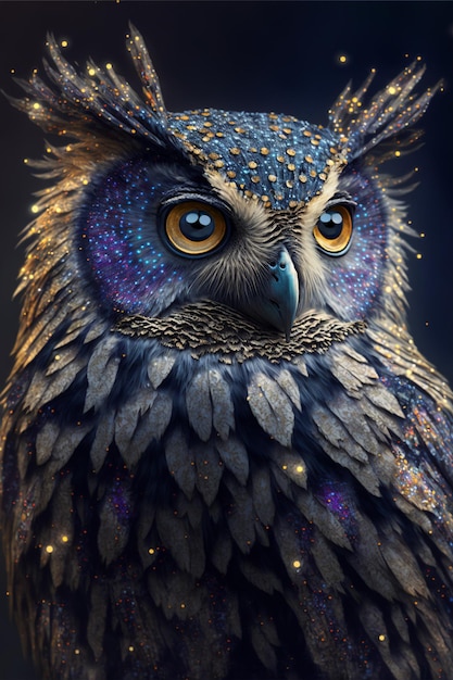 Close up of an owl on a black background generative ai