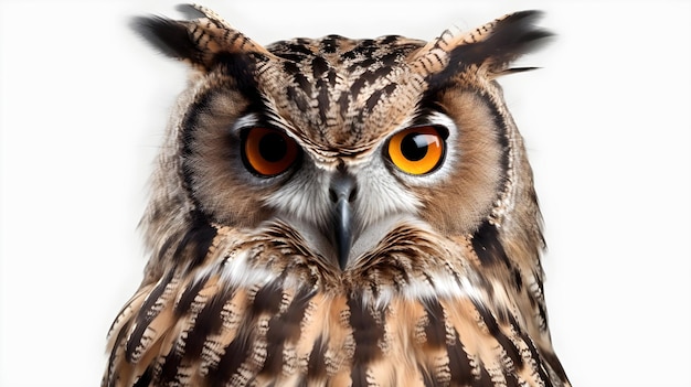 Close up of owl face isolated on white