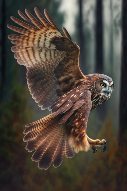 Close up of owl flying in forest created using generative ai technology