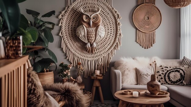 Photo close up owl macrame with wooden background in the morning sunlight made with my hand and love