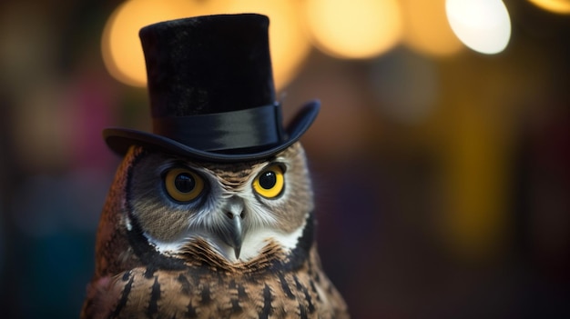 A close up of a owl wearing a top hat