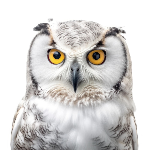 A close up of an owl with a black beak and yellow eyes.