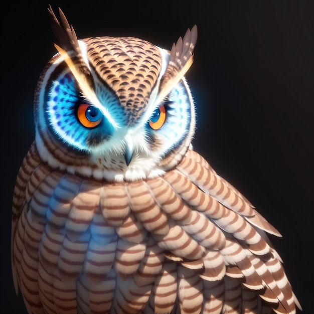 A close up of an owl with blue eyes and orange eyes.