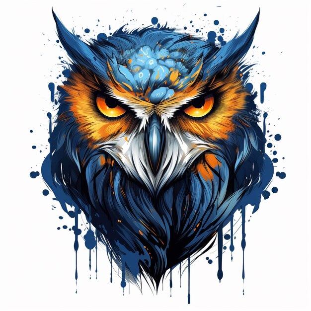 a close up of an owl with a blue and orange face generative ai