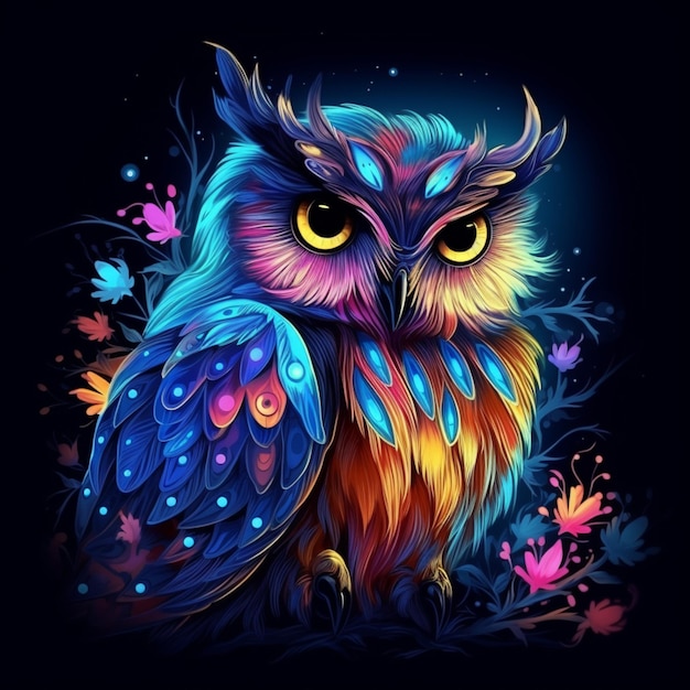 a close up of an owl with bright eyes on a dark background generative ai