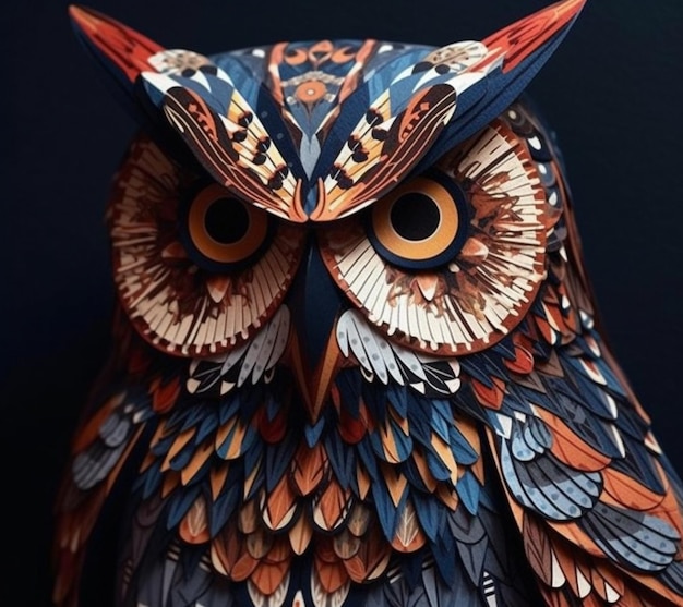 A close up of an owl with a dark background and the word owl on the front.