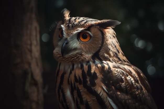 A close up of an owl with a dark background