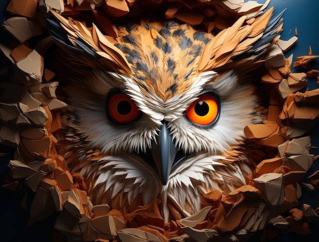 A close up of an owl with orange eyes