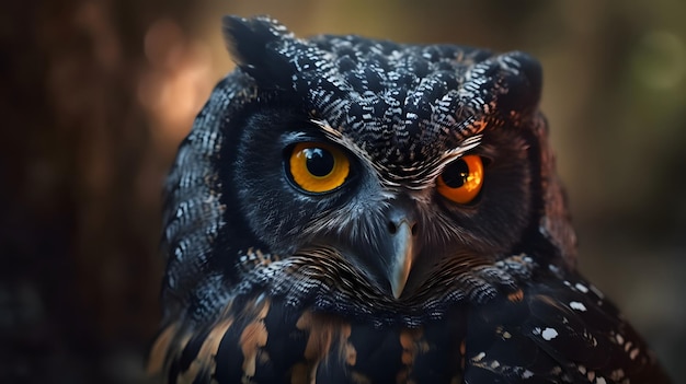 A close up of a owl with orange eyes