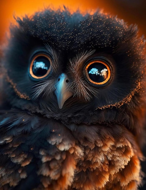 A close up of an owl with orange eyes