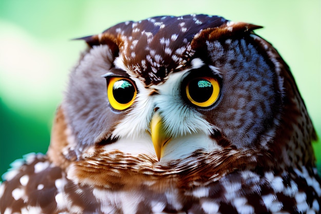 A close up of a owl with a yellow beak