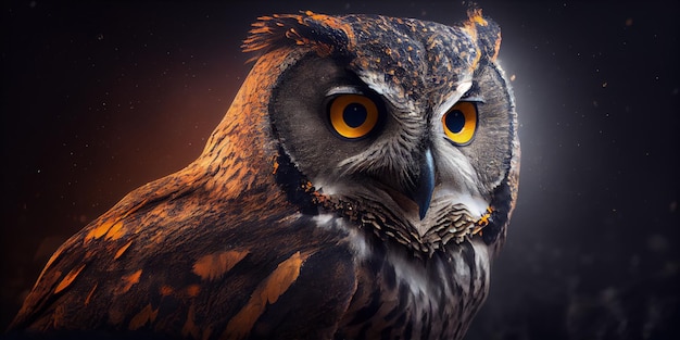 A close up of an owl with yellow eyes generative AI