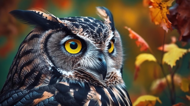 A close up of an owl with yellow eyes