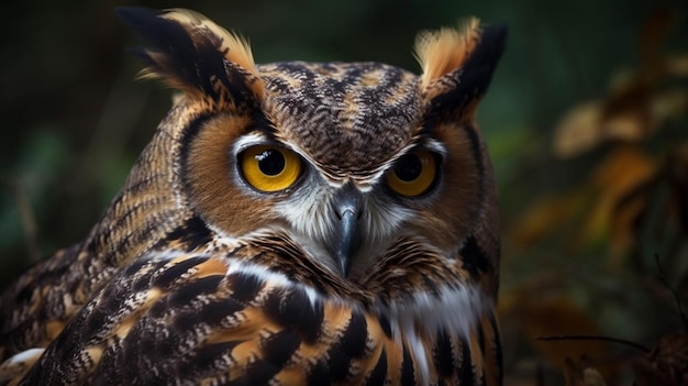 A close up of an owl with yellow eyes