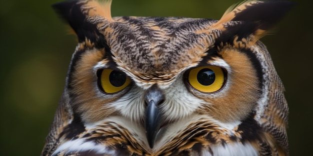 A close up of an owl with yellow eyes