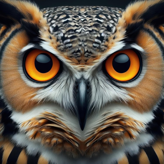 a close up of an owls face with orange eyes