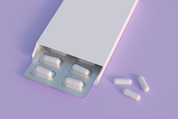 Photo close up of package blister with round medicines one color pills mockup template 3d rendering