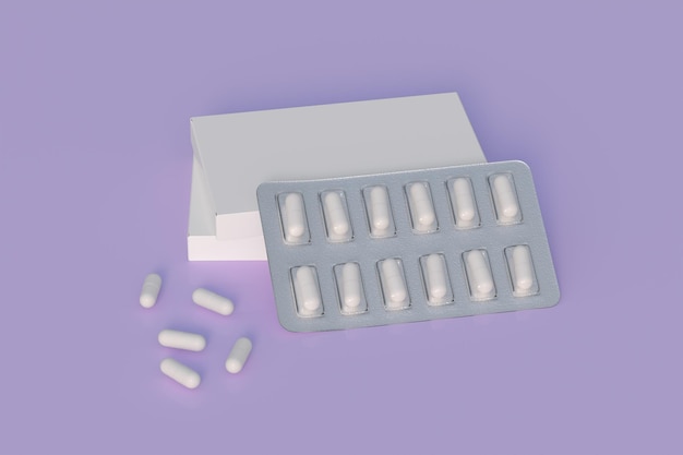 Крупный план блистерной упаковки с круглыми лекарствами одноцветные таблетки Макет шаблона 3d-рендеринга