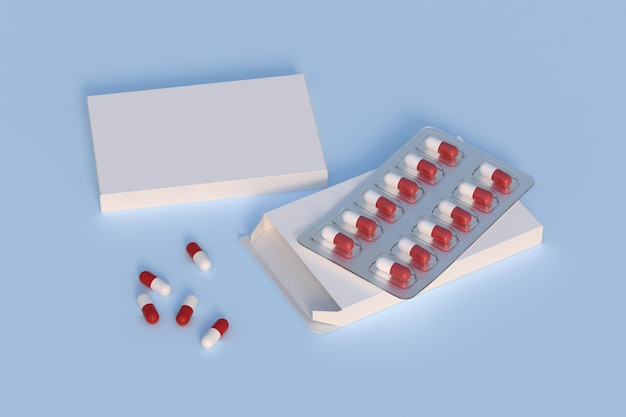 Close up of package blister with round medicines pills 3d rendering