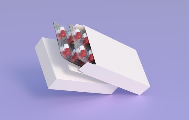 Close up of package with two blisters with medicines pills Mockup template 3d rendering