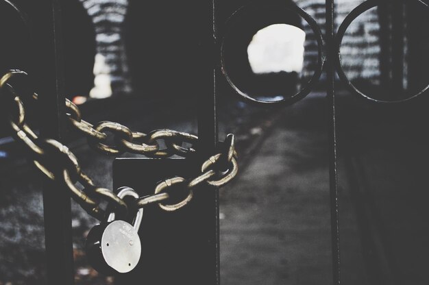 Close-up of padlock on gate