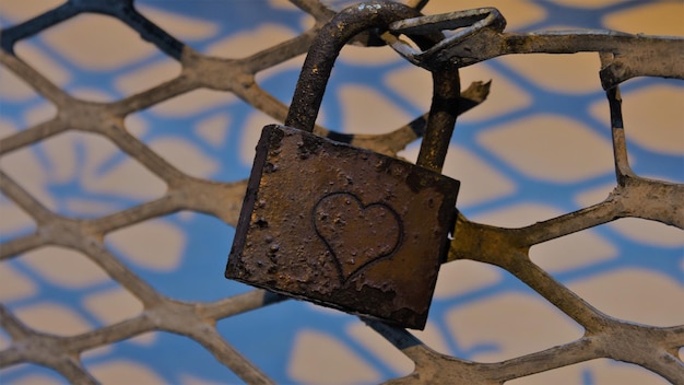 Photo close-up of padlock on rusty metal fence