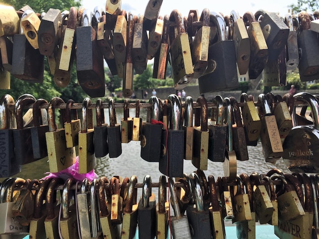 Close-up of padlocks hanging on metal