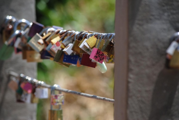 Close-up of padlocks hanging on metal