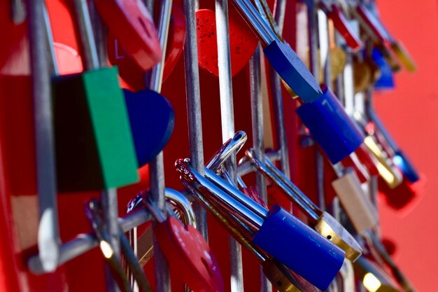 Close-up of padlocks hanging in row