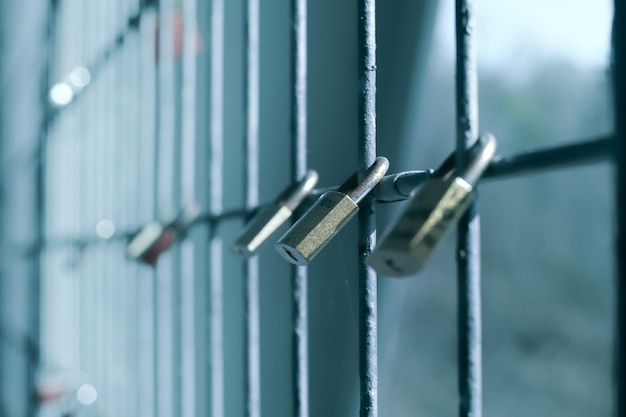 Photo close-up of padlocks on metal fence