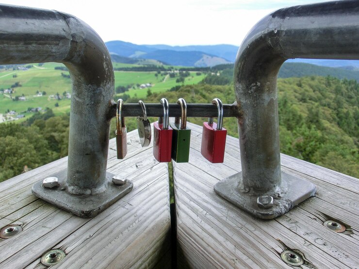 Photo close-up of padlocks on railing against lake