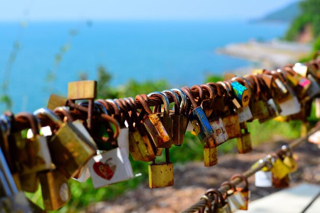 Close-up of padlocks on railing against sea