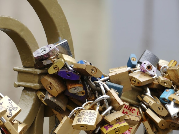 Photo close-up of padlocks on railing