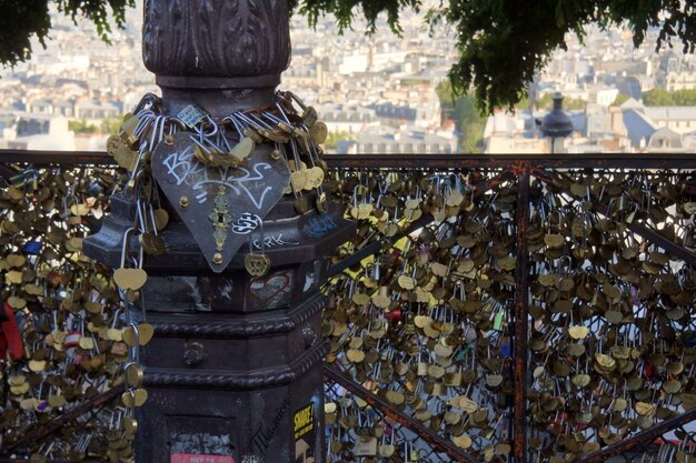 Close-up of padlocks on sculpture