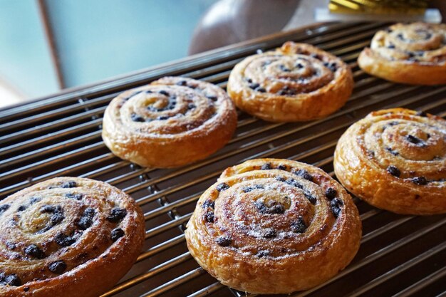 Close up pain aux raisins Deense rozijnen gebak swirls