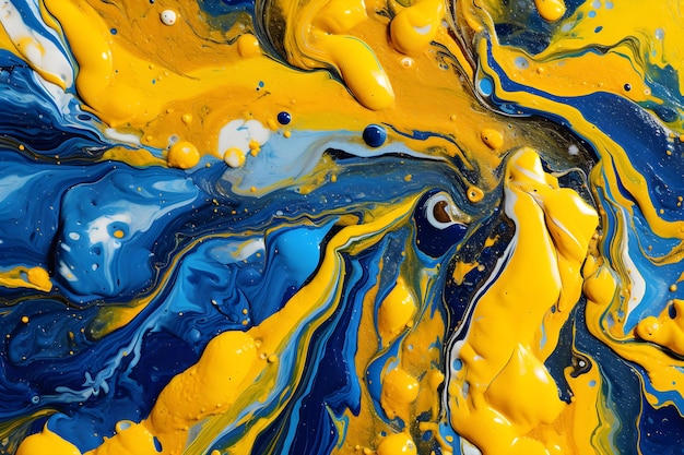 A close up of a paint with blue and yellow paint