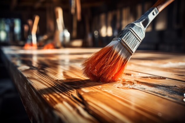 Photo close up of paintbrush applies paint or varnish on wooden board