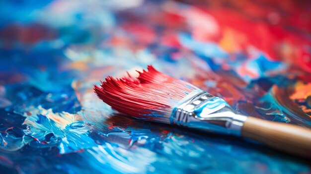 Close up of paintbrush with blue and red paint