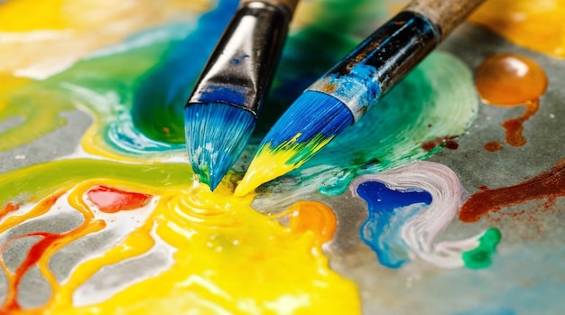 Close-up of paintbrushes mixing vibrant colors on a palette