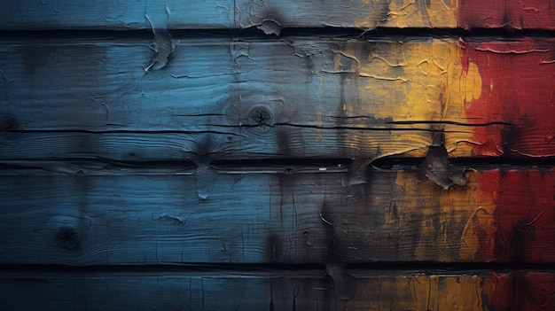 a close up of a painted wood wall with red blue and yellow paint