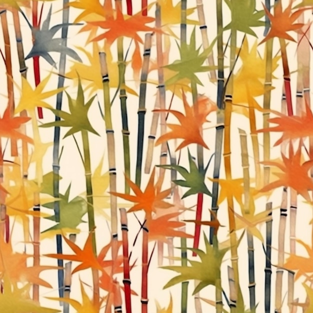 A close up of a painting of a bamboo tree with many leaves generative ai