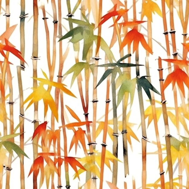 A close up of a painting of bamboo trees with orange leaves generative ai