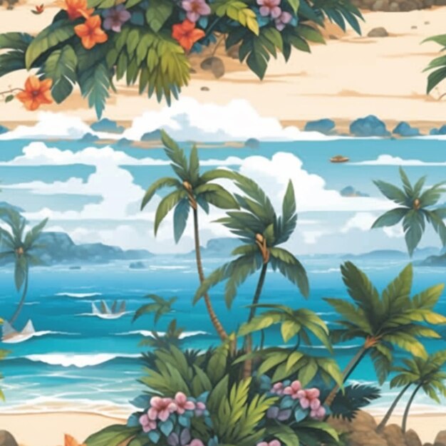 A close up of a painting of a beach with palm trees generative ai