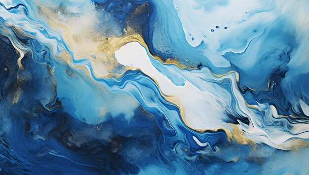 Photo a close up of a painting of a blue and gold fluid painting generative ai