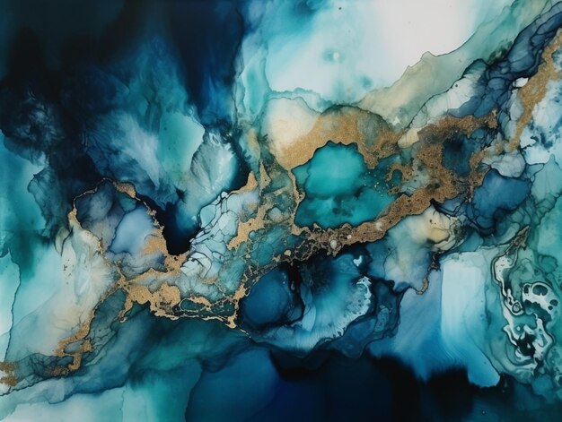 a close up of a painting of a blue and gold fluid painting generative ai